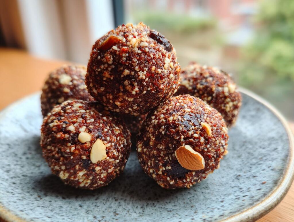 A stack of delicious 5-Minute No-Bake Protein Balls on a plate, ready to eat.