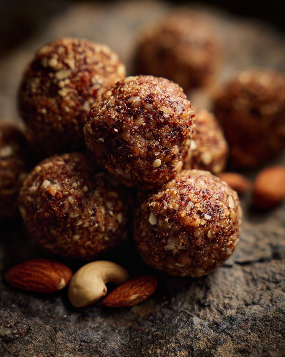 A close-up of several 5-Minute No-Bake Protein Balls with almonds and cashews on a textured surface.