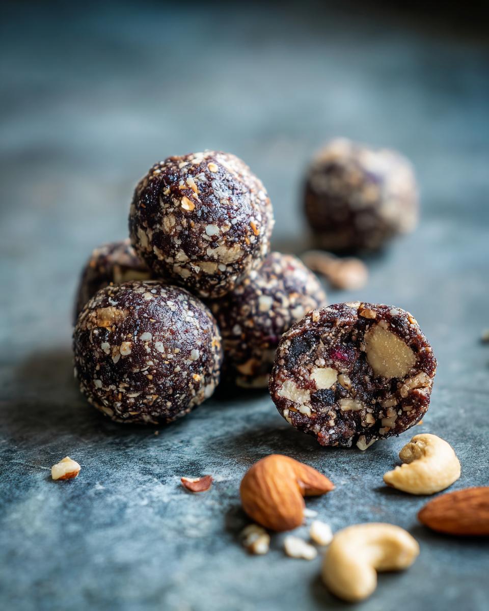 A stack of 5-Minute No-Bake Protein Balls, one cut in half to show the ingredients, with scattered nuts.