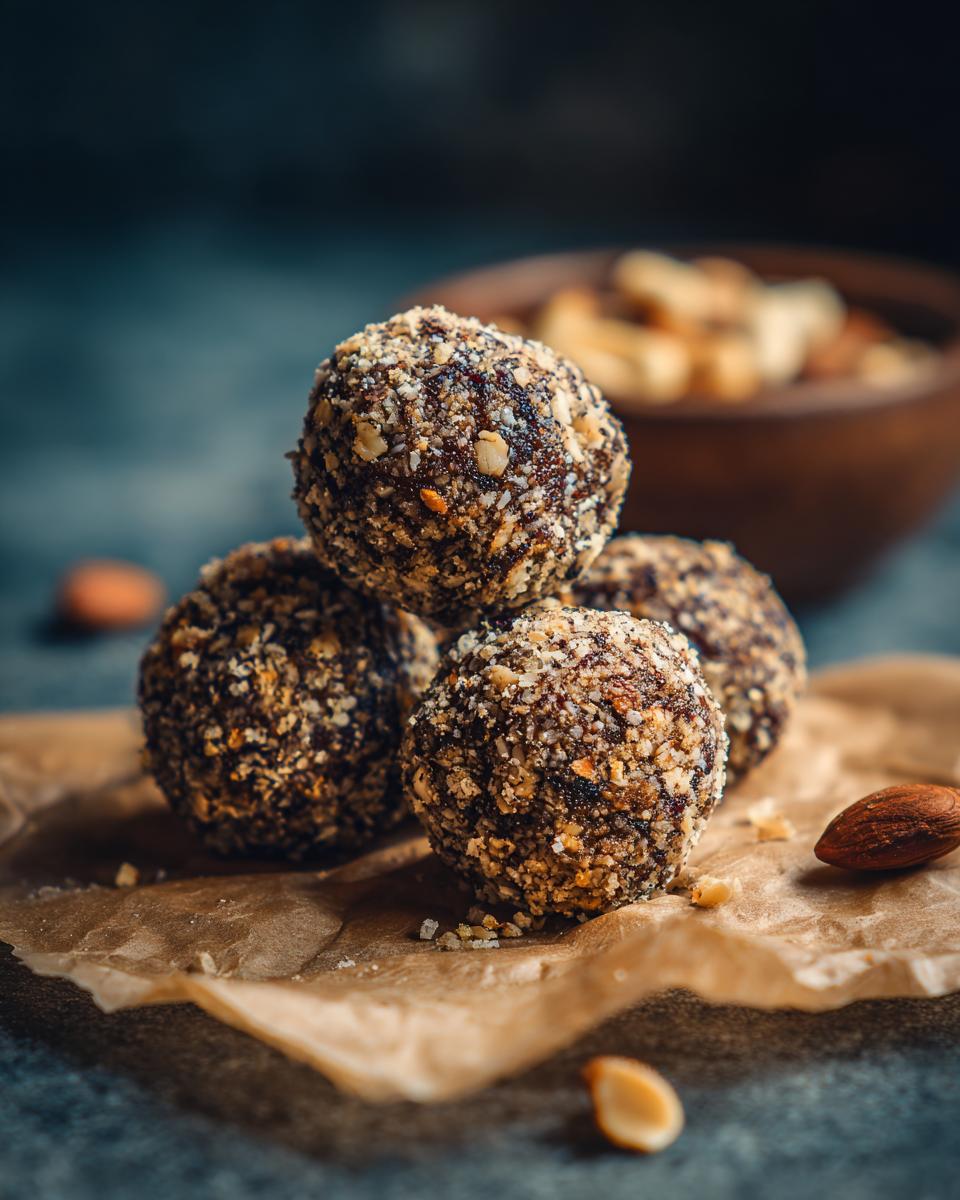 A stack of delicious 5-Minute No-Bake Protein Balls on parchment paper, with nuts in the background.