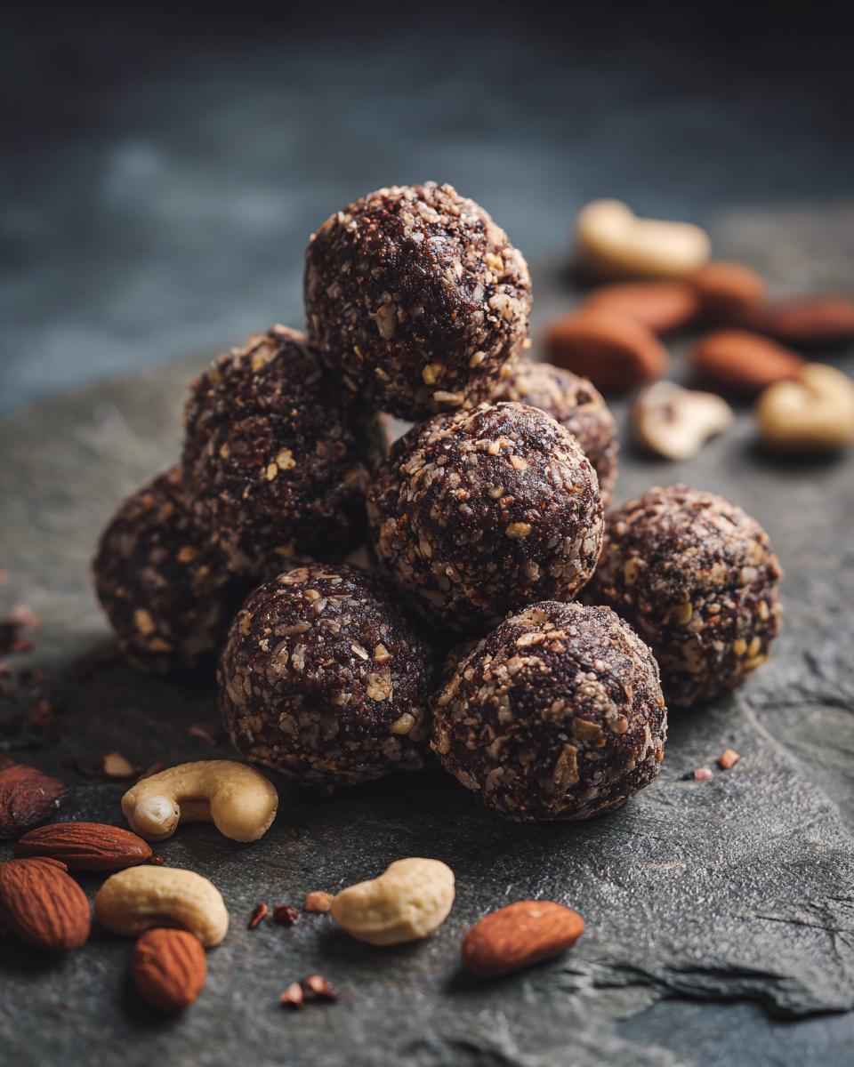 A stack of delicious 5-Minute No-Bake Protein Balls, surrounded by almonds and cashews on a dark surface.