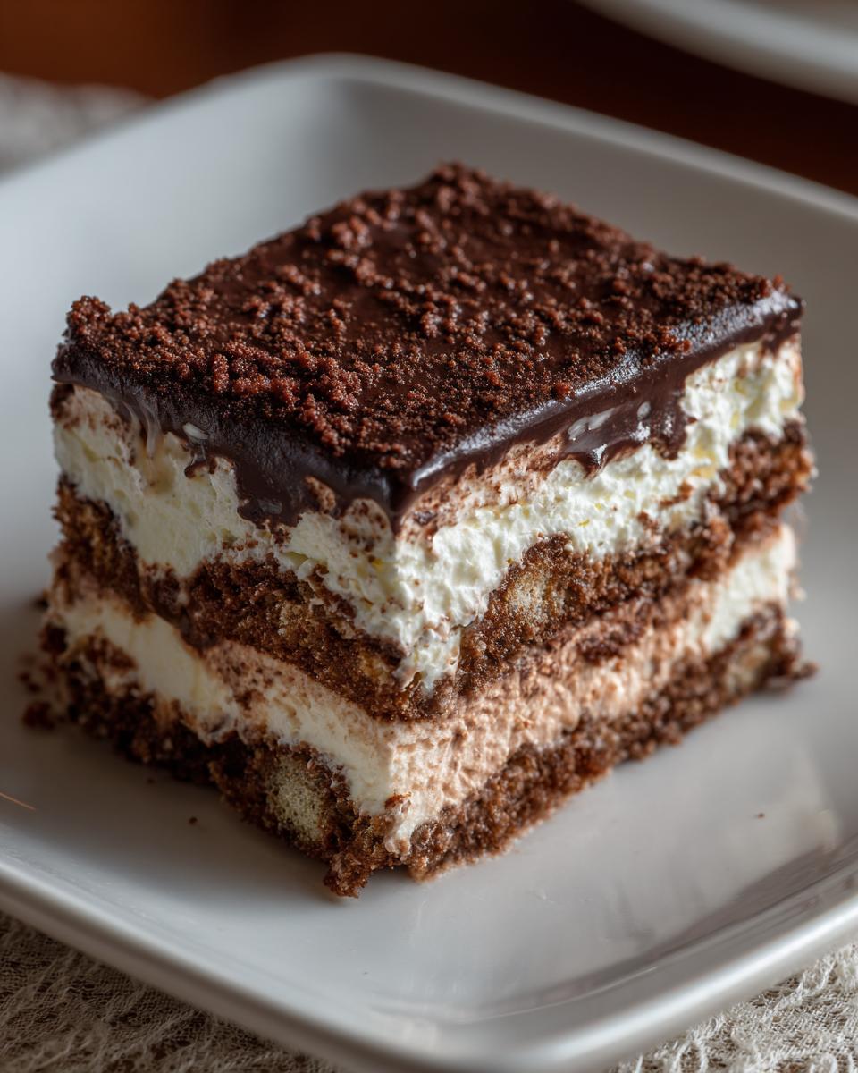 A decadent slice of 5-Star Chocolate Lasagna with layers of chocolate, cream, and a rich chocolate topping.