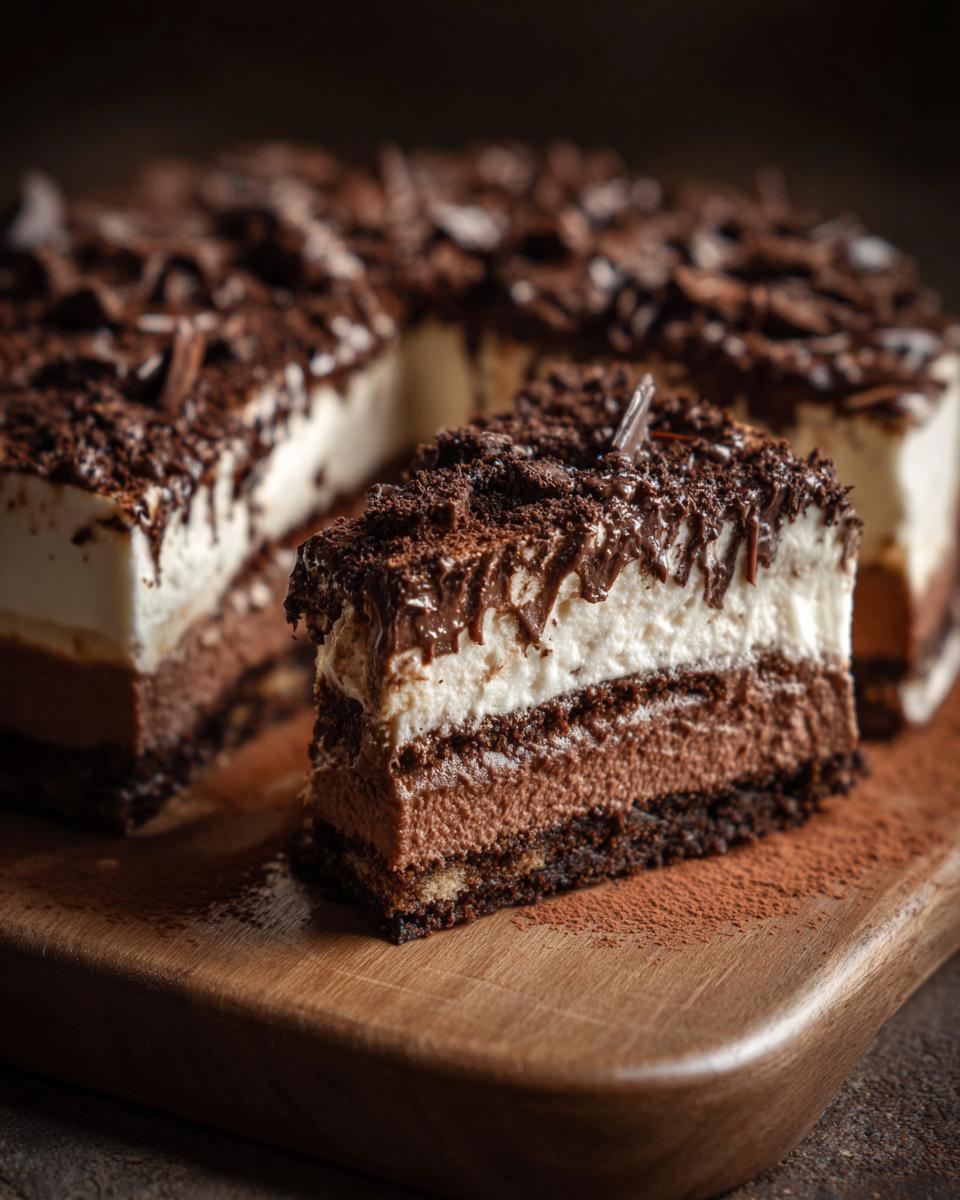 A slice of decadent 5-Star Chocolate Lasagna with layers of chocolate and cream on a wooden board.