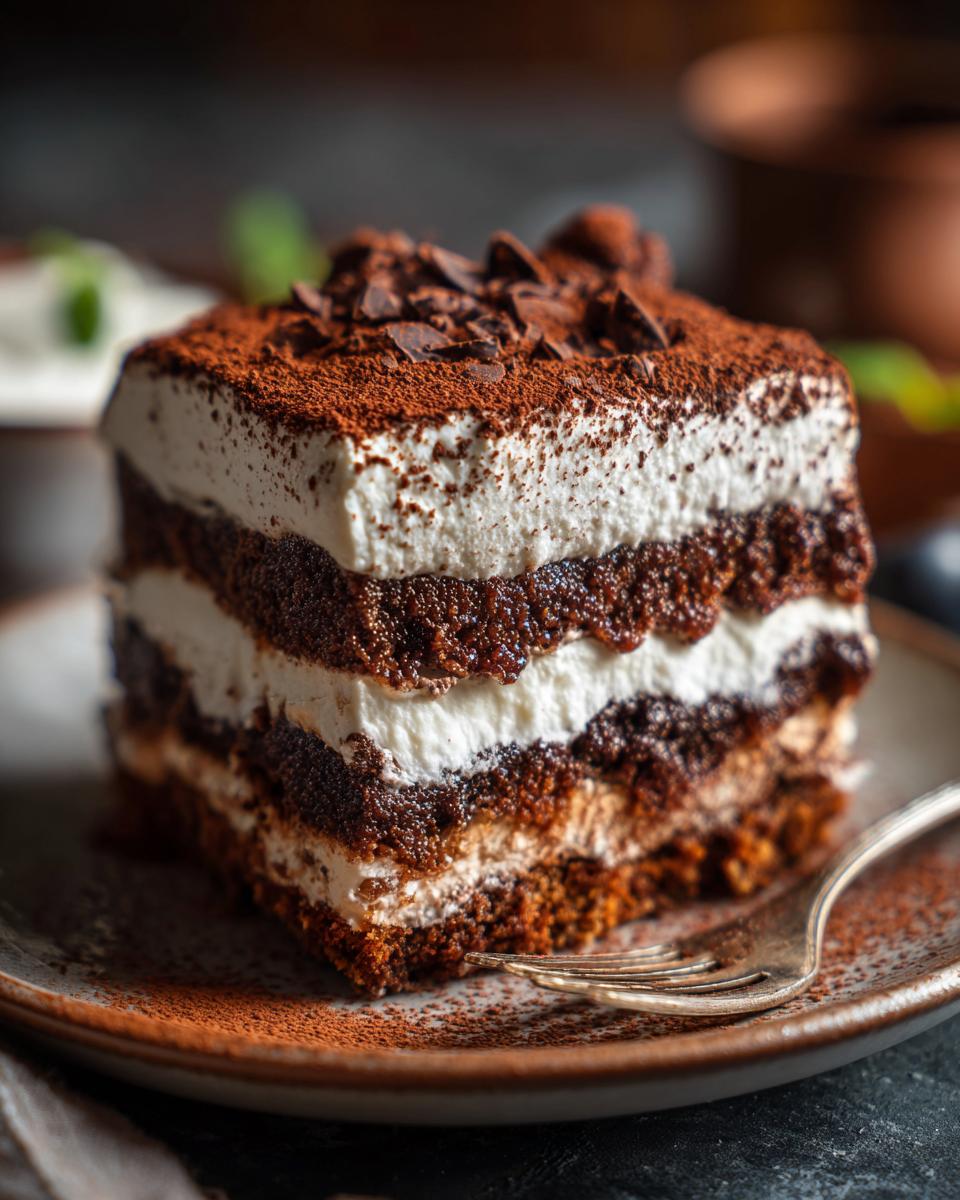 A decadent slice of 5-Star Chocolate Lasagna with layers of chocolate cake and cream, topped with cocoa powder and chocolate shavings.