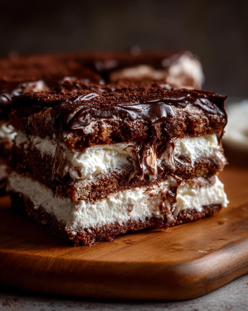 A decadent slice of 5-Star Chocolate Lasagna with layers of chocolate cake and cream, topped with chocolate ganache.