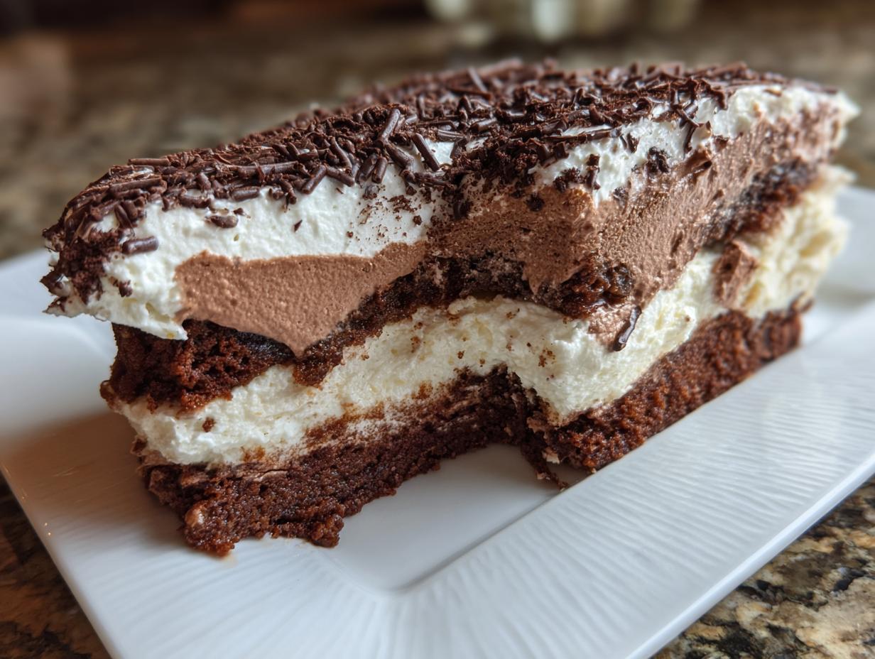 A decadent slice of 5-Star Chocolate Lasagna with layers of chocolate cake, cream, and chocolate mousse.