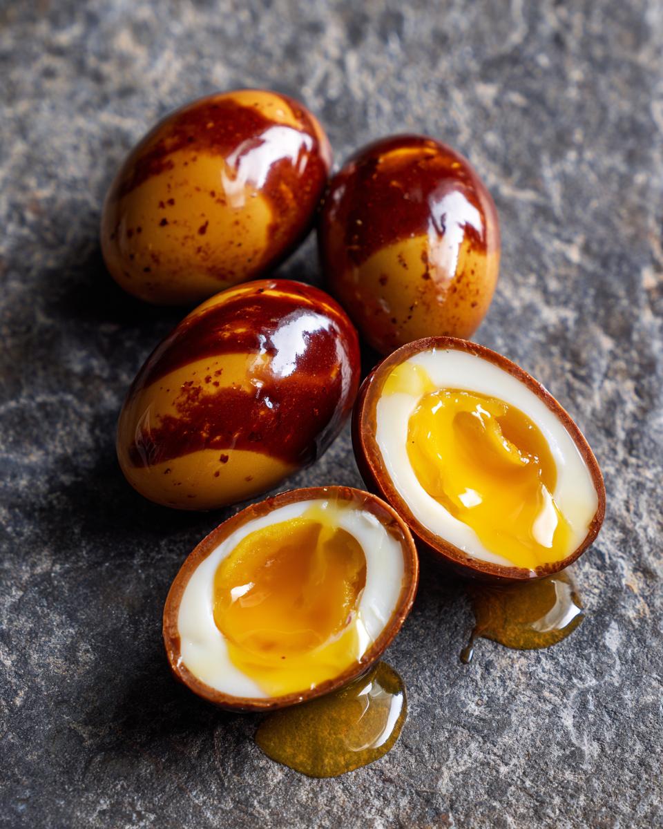 Close-up of whole and halved Addictive Marinated Eggs with runny yolks on a stone surface.