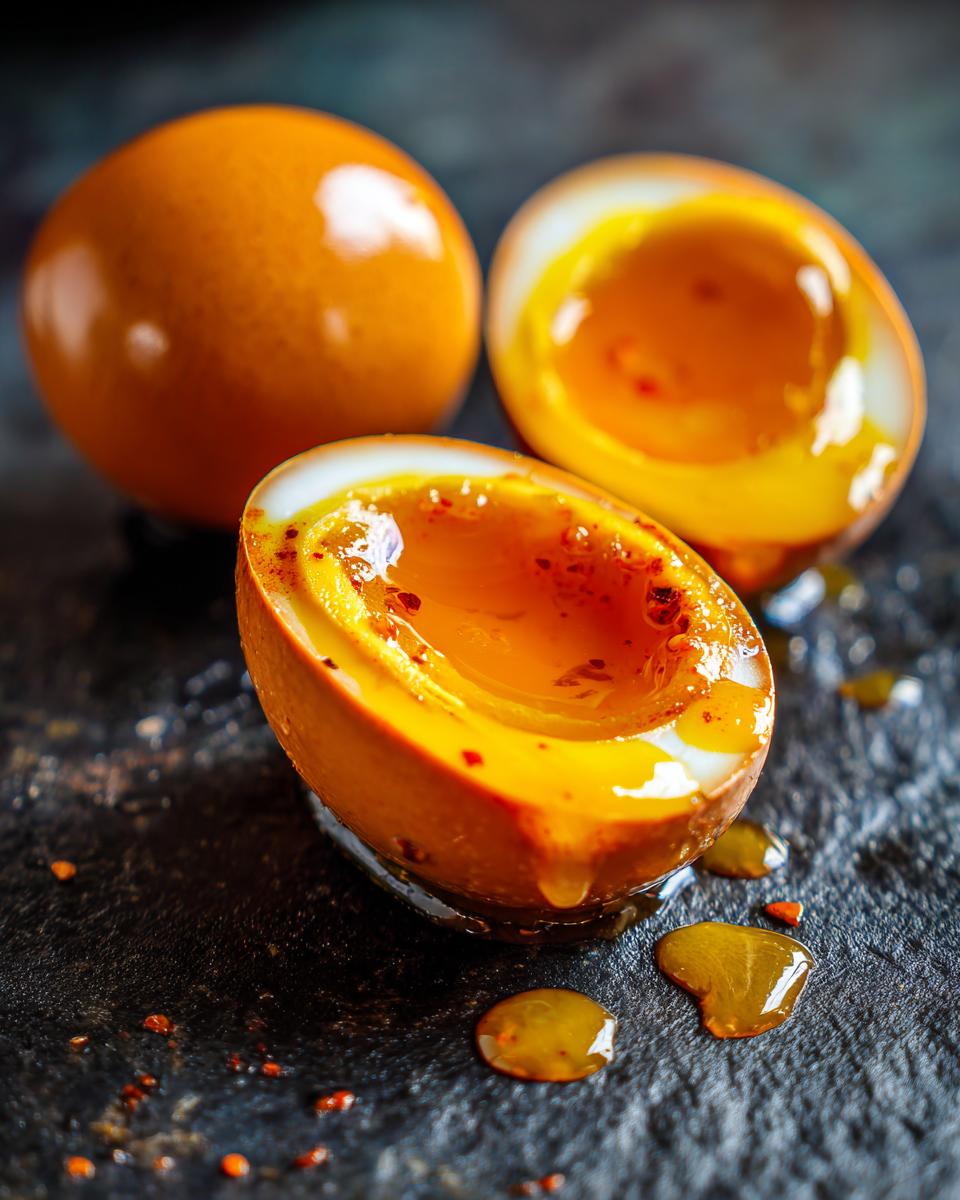 Close-up of Addictive Marinated Eggs, one whole and one halved, showing the soft yolk.