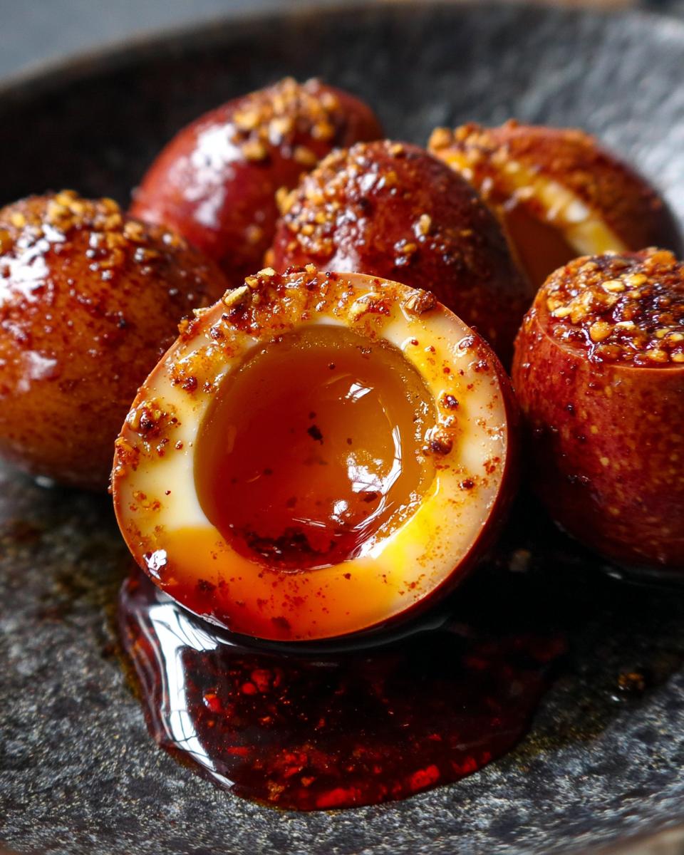 Close-up of Addictive Marinated Eggs, halved to show the rich, dark yolk and flavorful marinade.