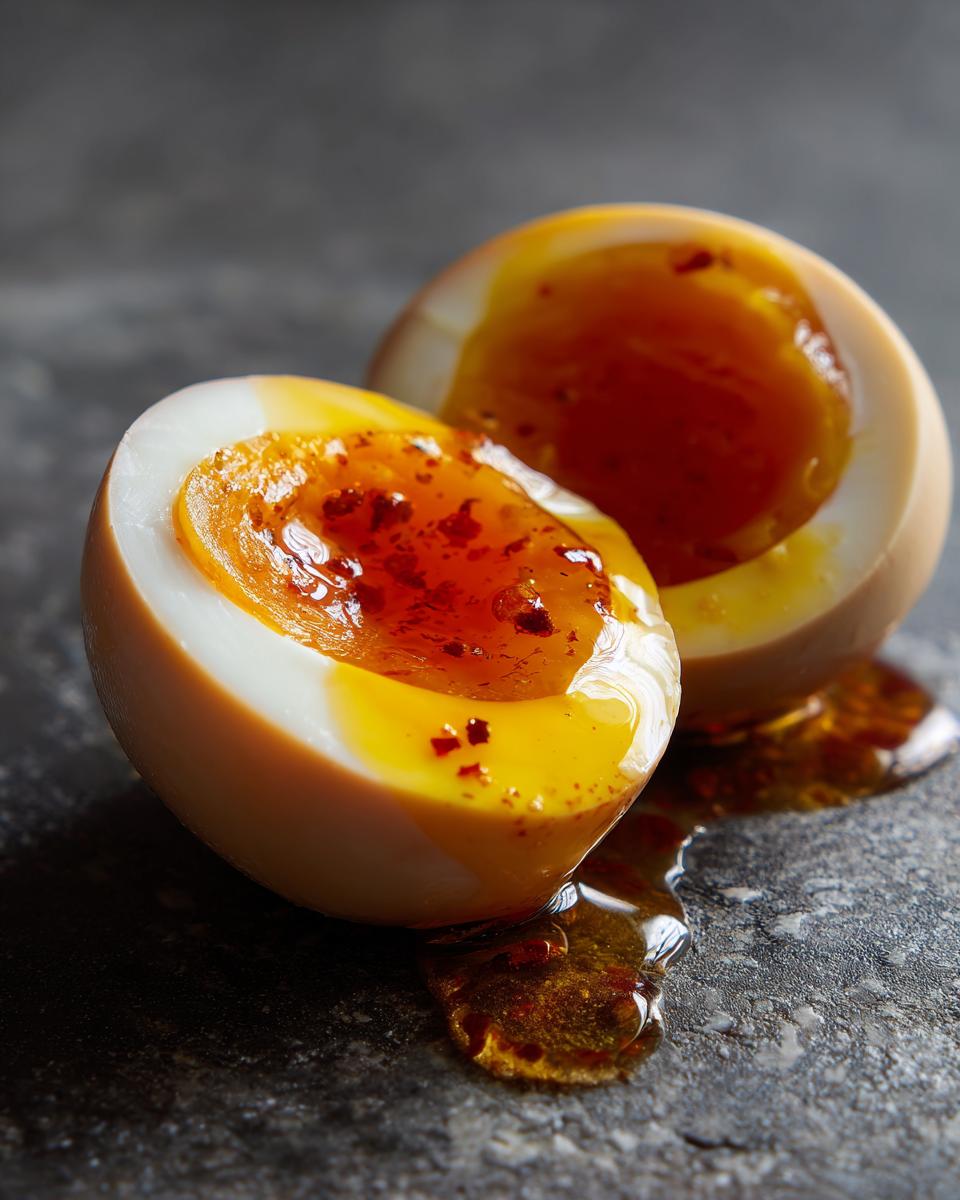 Close-up of halved Addictive Marinated Eggs with runny yolk and marinade dripping on a stone surface.