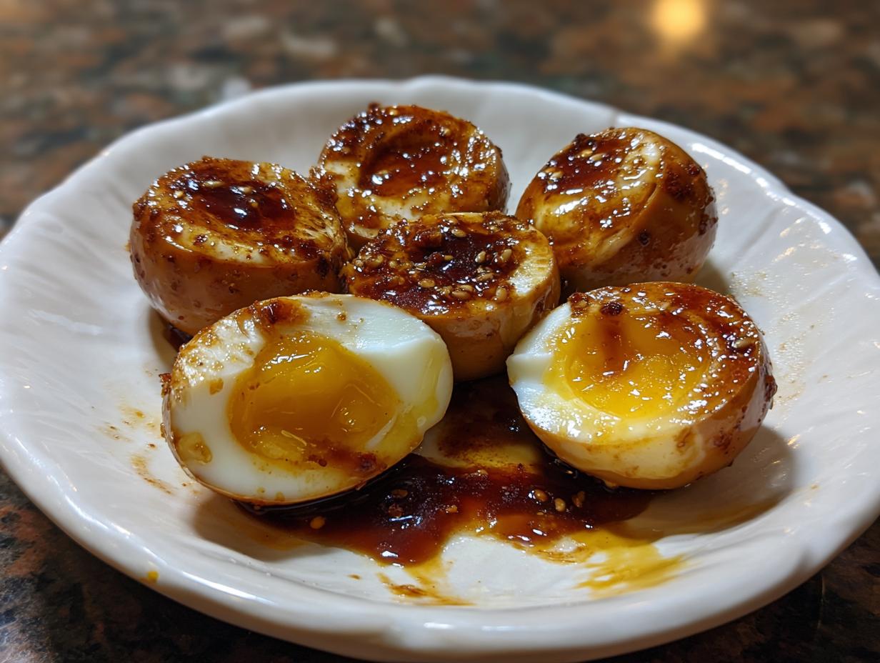 A plate of Addictive Marinated Eggs, some halved to show the soft yolk, glazed with a savory sauce.