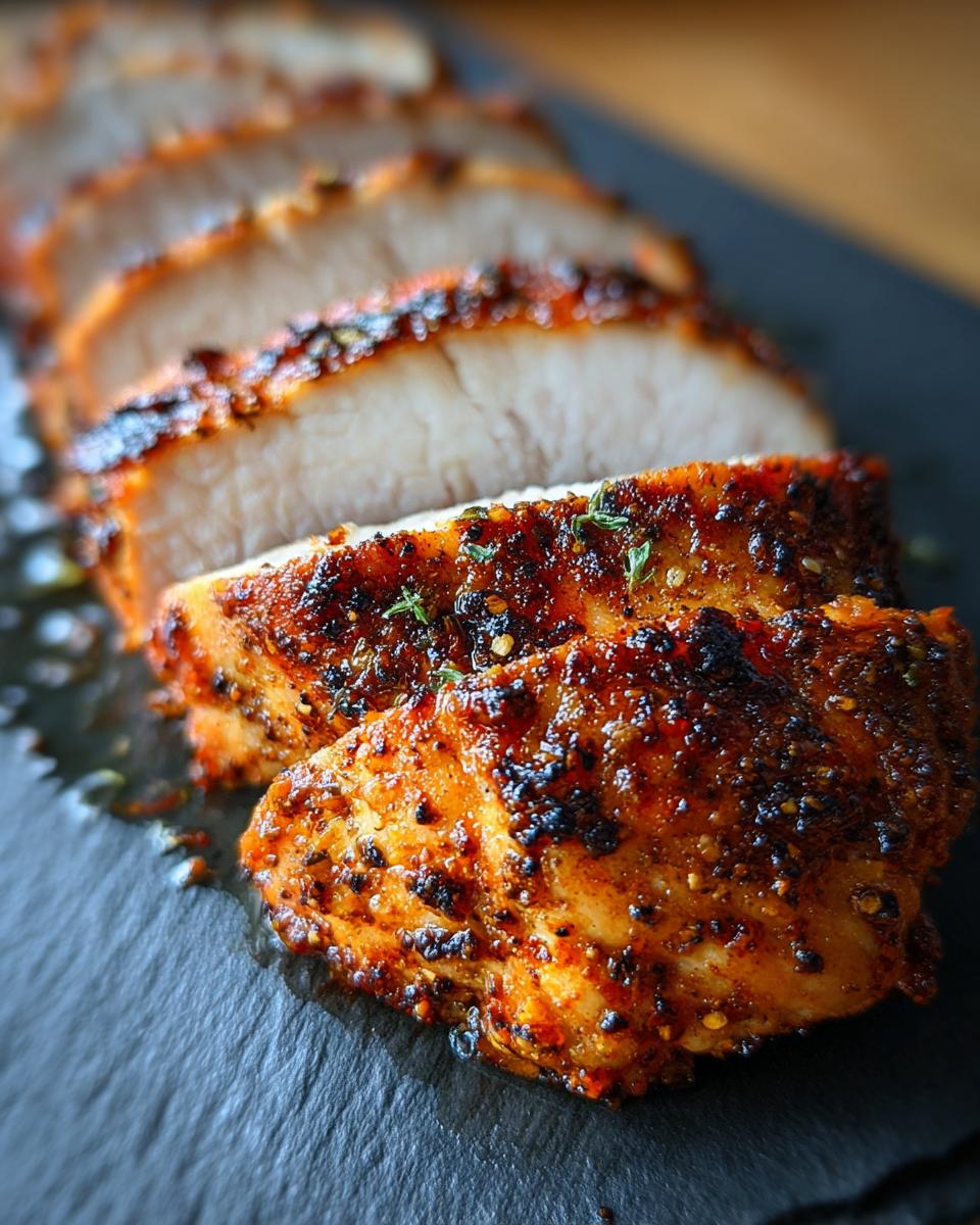 Sliced Ultimate Juicy Air Fryer Chicken Breast on a black serving platter, seasoned with herbs.