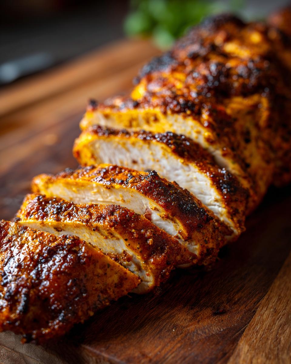 Juicy sliced Air Fryer Chicken Breast with a crispy seasoned crust, served on a wooden cutting board.