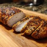 Sliced Air Fryer Chicken Breast on a cutting board, showcasing its juicy interior and seasoned crust.