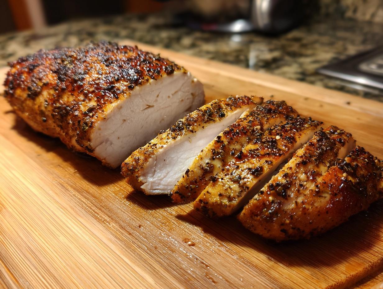 Sliced Air Fryer Chicken Breast on a cutting board, showcasing its juicy interior and seasoned crust.