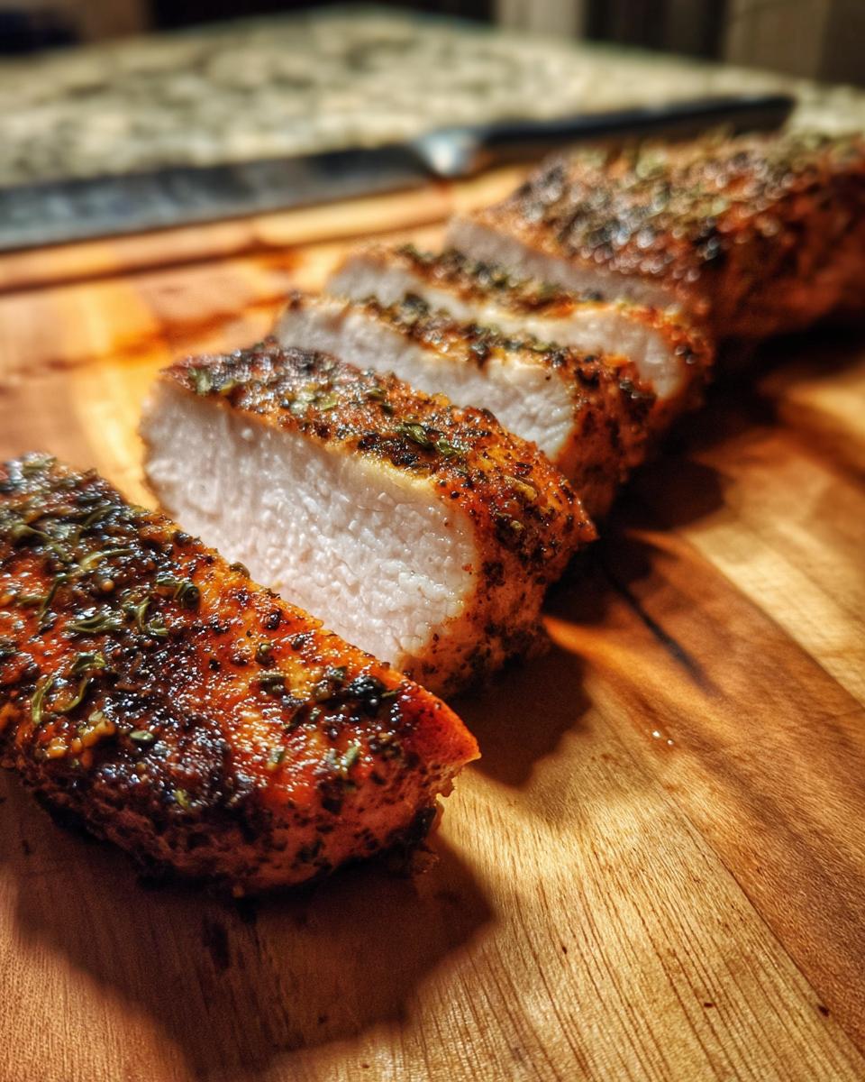 Juicy Air Fryer Chicken Breast sliced on a wooden cutting board, seasoned with herbs and spices.