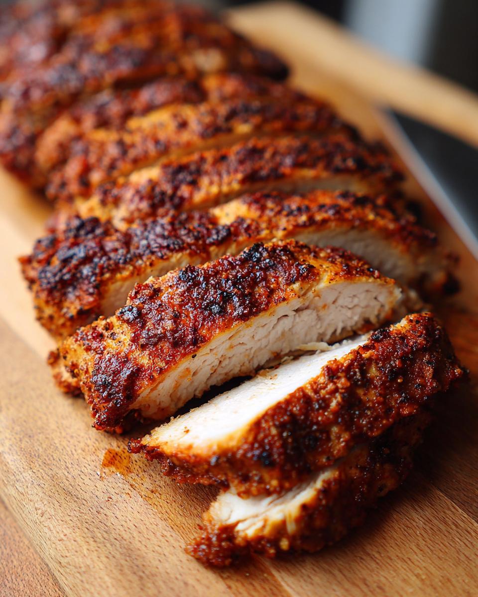 Juicy sliced Air Fryer Chicken Breast with a crispy crust on a wooden cutting board.