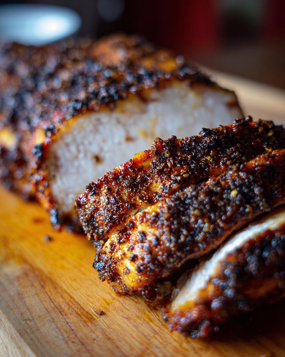 Juicy Air Fryer Chicken Breast sliced on a wooden cutting board, showing the seasoned crust and tender interior.