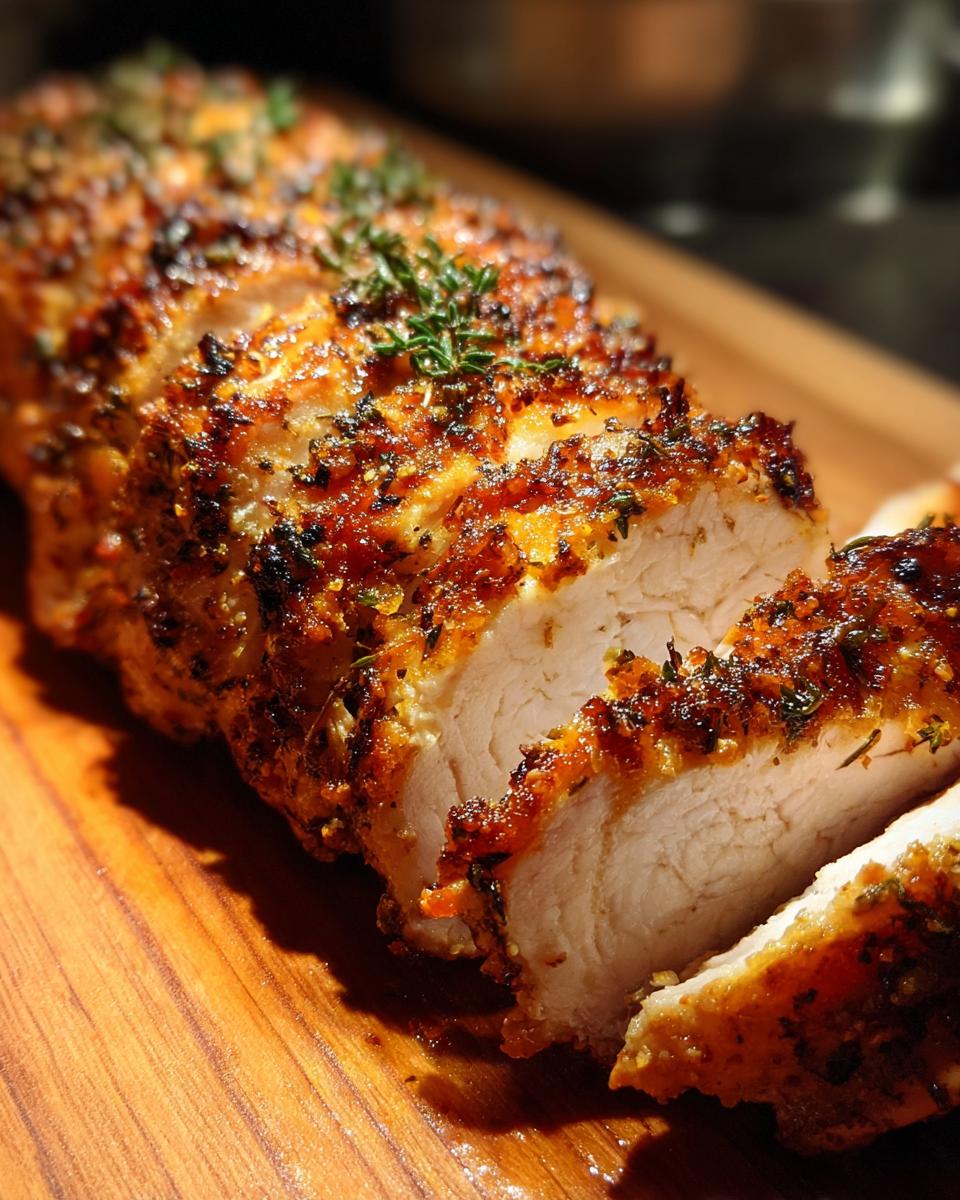 Sliced Ultimate Juicy Air Fryer Chicken Breast on a wooden cutting board, seasoned with herbs.