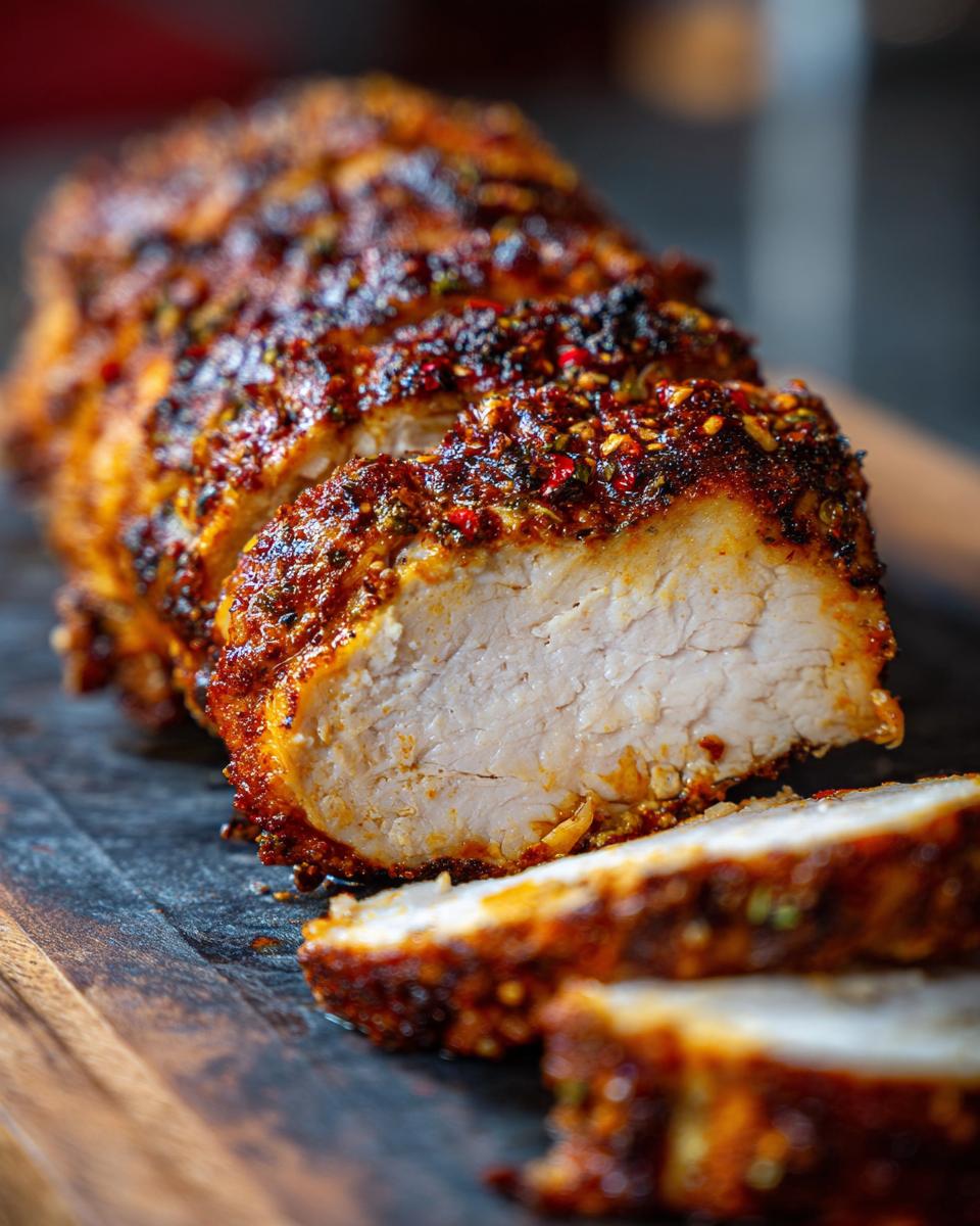 Close-up of sliced Air Fryer Chicken Breast with a flavorful spice rub, showcasing its juicy interior.