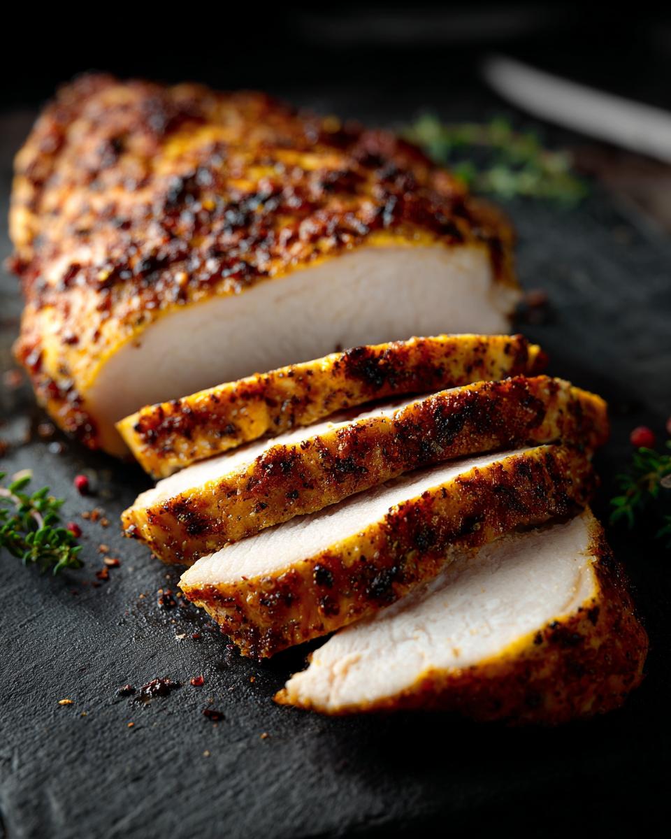 Sliced Air Fryer Chicken Breast with a golden-brown crust, showing the juicy interior. Garnished with herbs.
