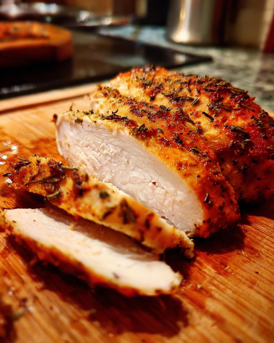Close-up of sliced Air Fryer Chicken Breast on a wooden cutting board, seasoned with herbs.