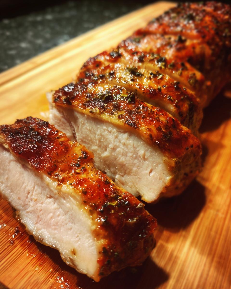 Close-up of sliced Air Fryer Chicken Breast on a wooden cutting board, showcasing its juicy interior and seasoned crust.