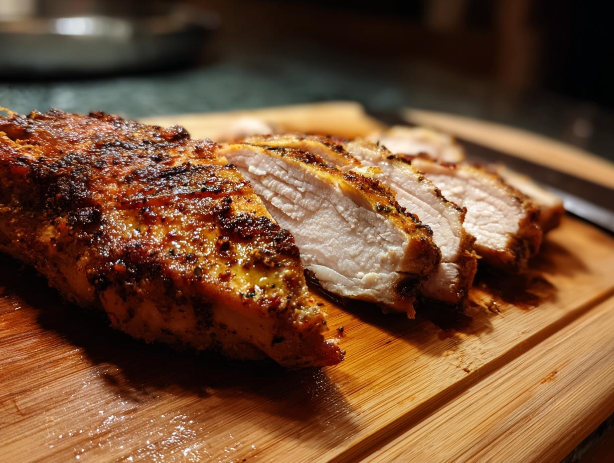 Sliced Air Fryer Chicken Breast on a wooden cutting board, showcasing its juicy interior and seasoned crust.