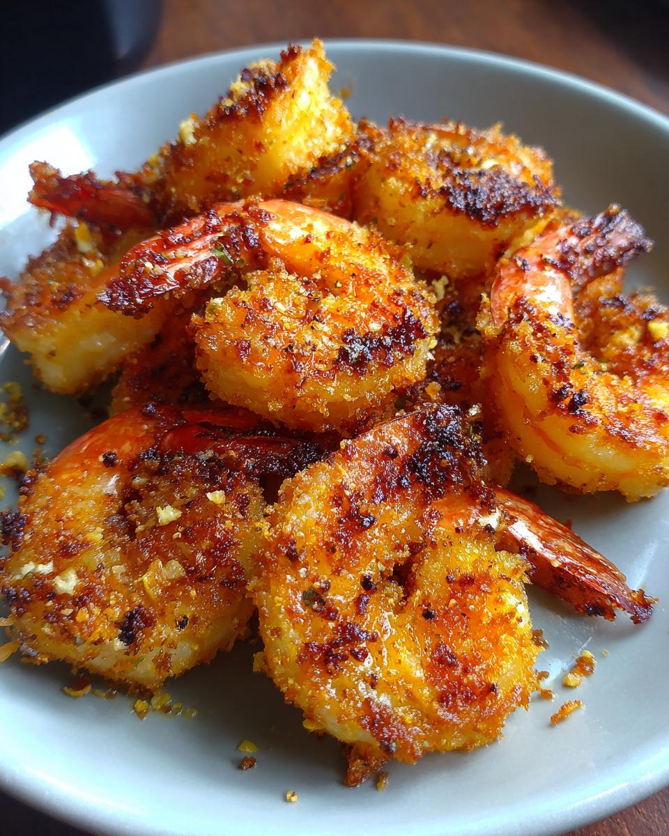 Close-up of golden brown Air Fryer Frozen Shrimp on a gray plate, showcasing the crispy breading.
