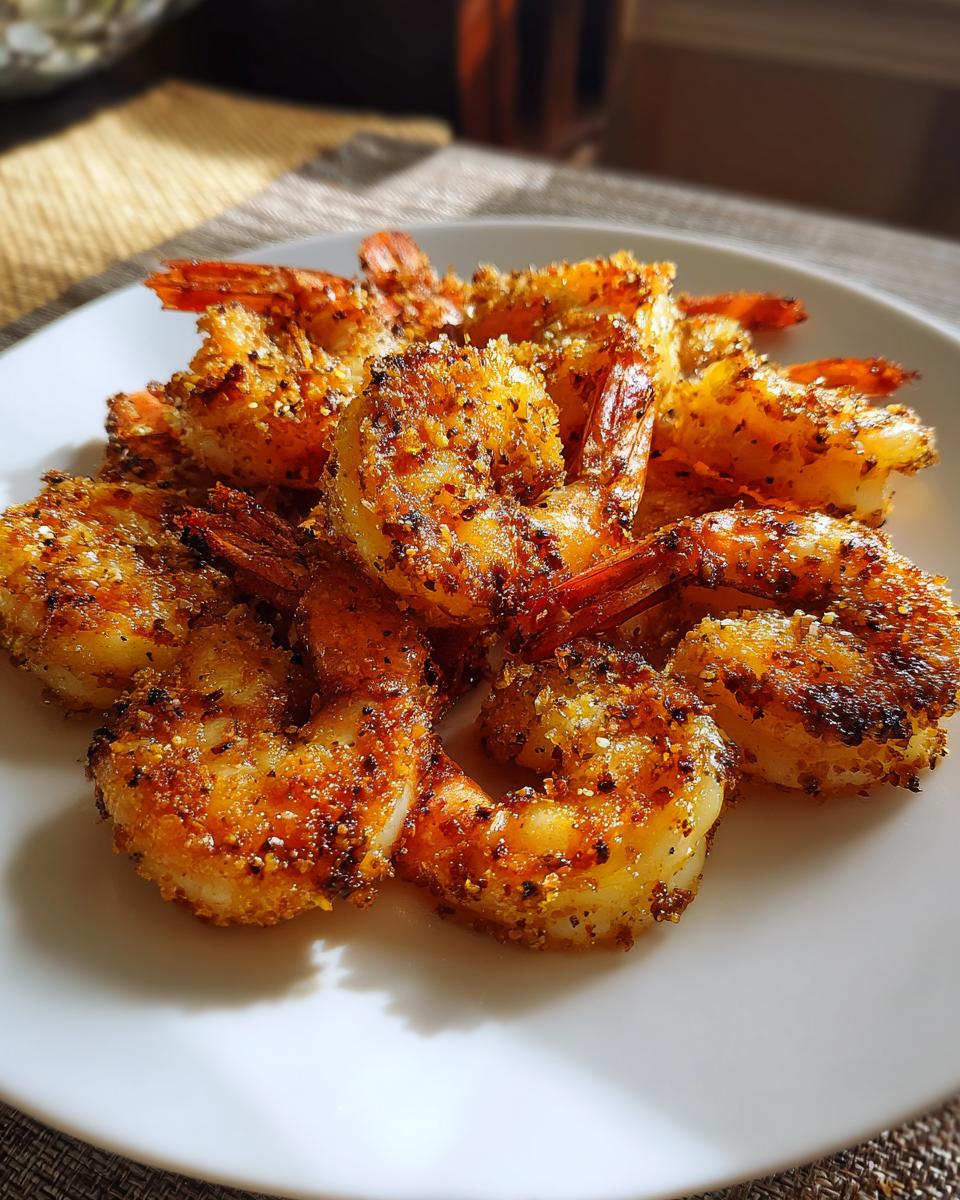 A plate of golden-brown Air Fryer Frozen Shrimp, seasoned and cooked to perfection.