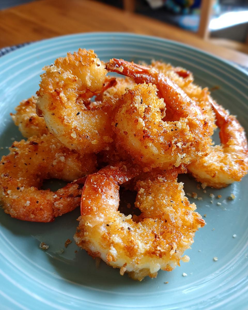 A plate of golden brown Air Fryer Frozen Shrimp, cooked and ready to eat. Delicious and easy dinner idea.