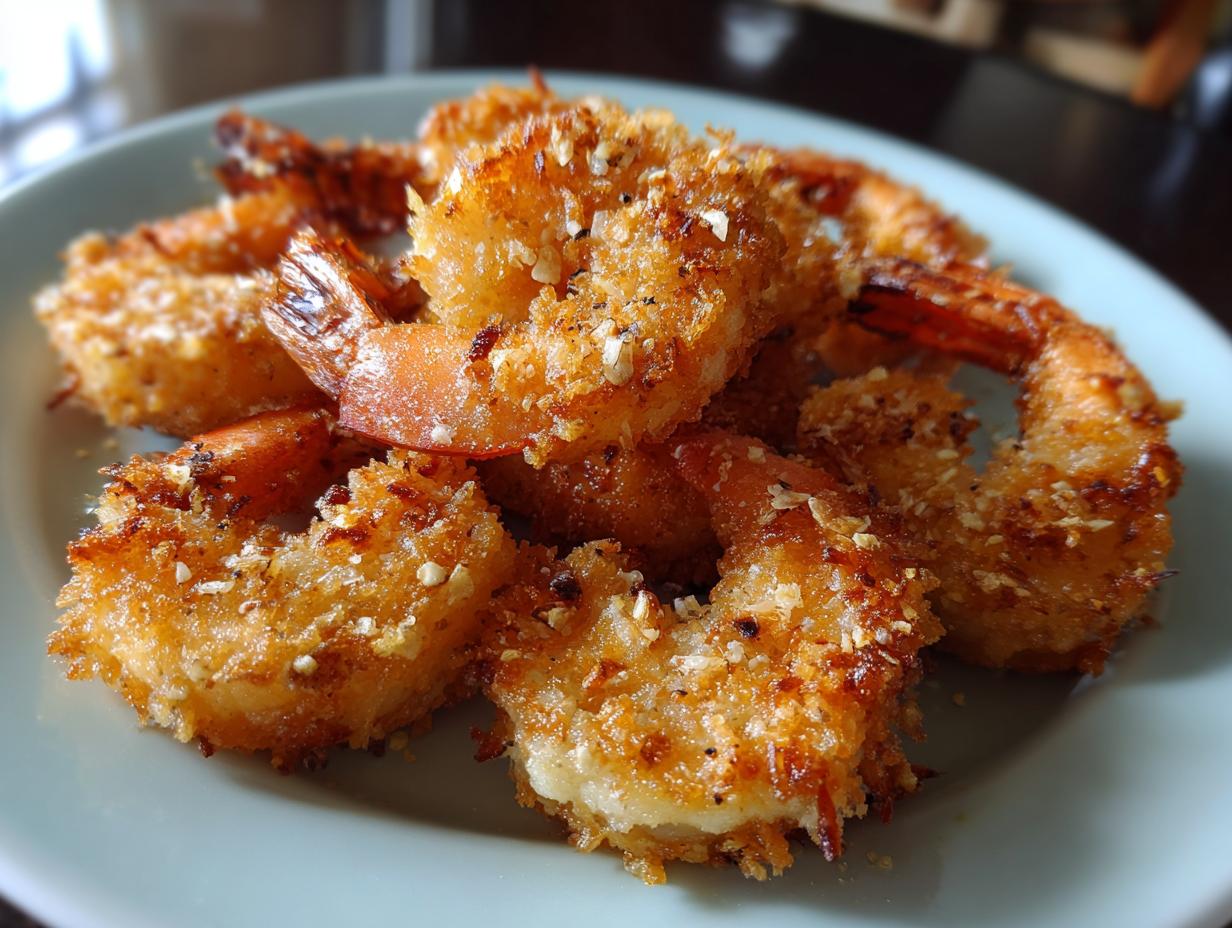 A plate of golden brown Air Fryer Frozen Shrimp, cooked to crispy perfection.