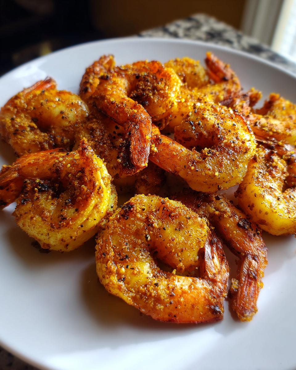 A plate of golden brown Air Fryer Frozen Shrimp, seasoned and ready to eat.