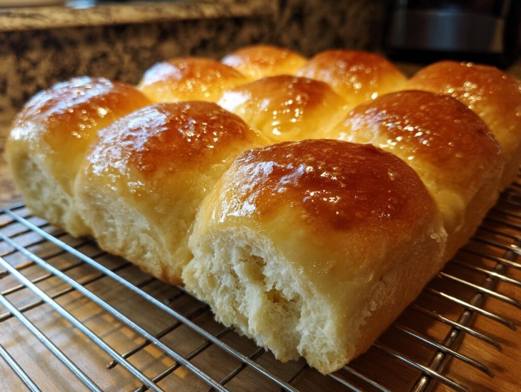 Close-up of freshly baked Amazing 1-Hour Soft Dinner Rolls on a cooling rack, showing their soft texture and golden-brown glaze.