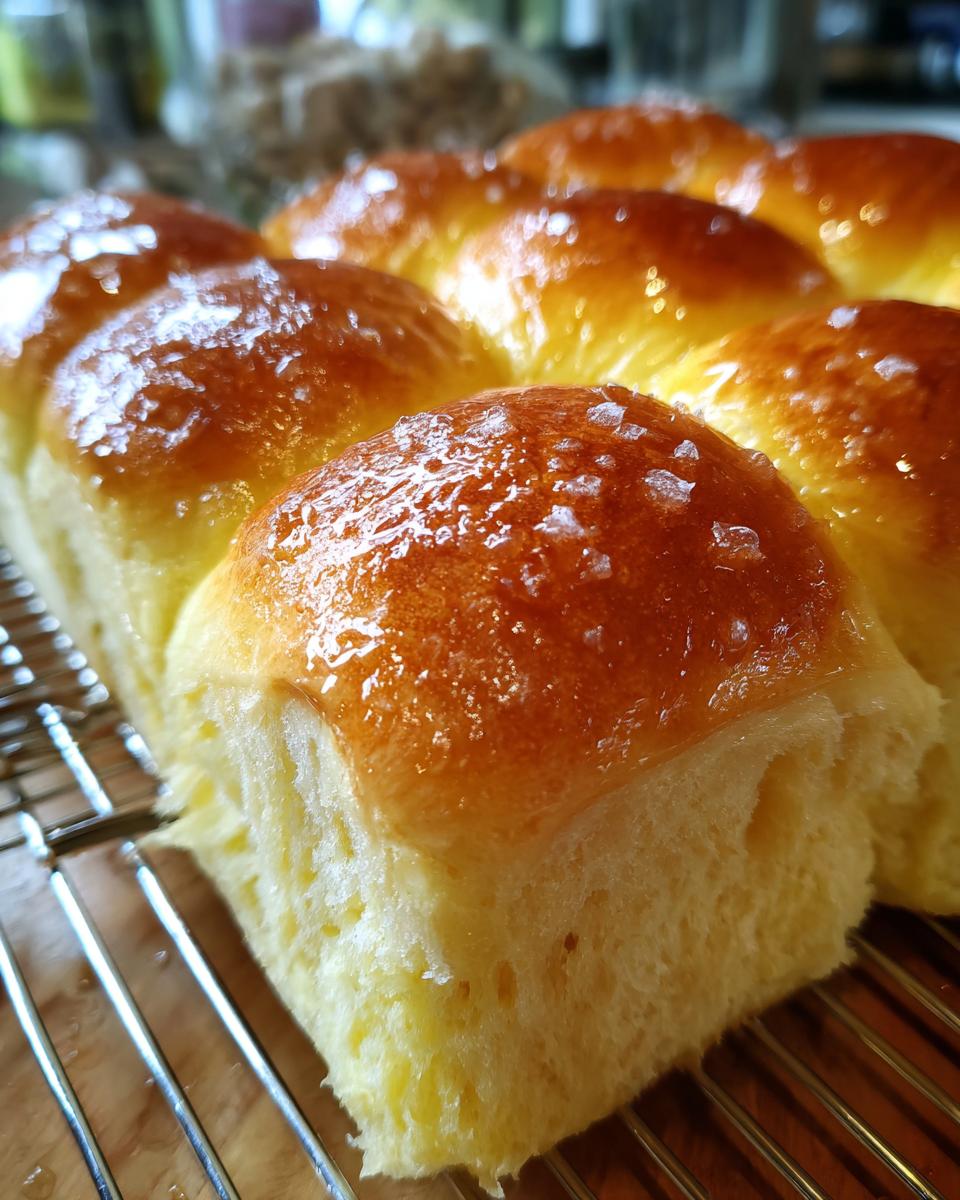 Close-up of freshly baked Amazing 1-Hour Soft Dinner Rolls on a cooling rack, glistening with a glaze and sprinkled with salt.