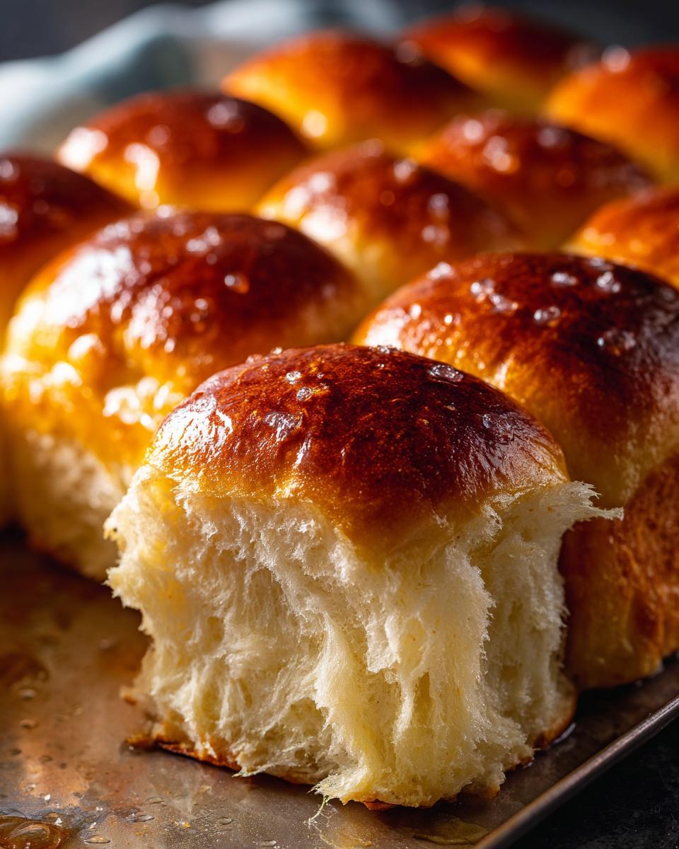Close-up of freshly baked Amazing 1-Hour Soft Dinner Rolls on a baking sheet, showing their golden-brown tops and soft, fluffy interior.