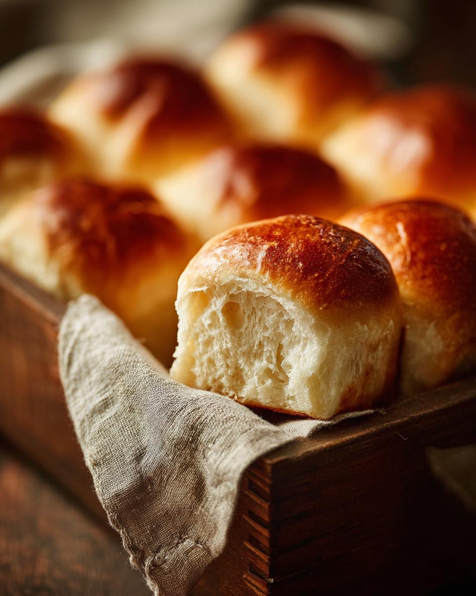 Close-up of golden brown Amazing 1-Hour Soft Dinner Rolls in a wooden container with a linen cloth.