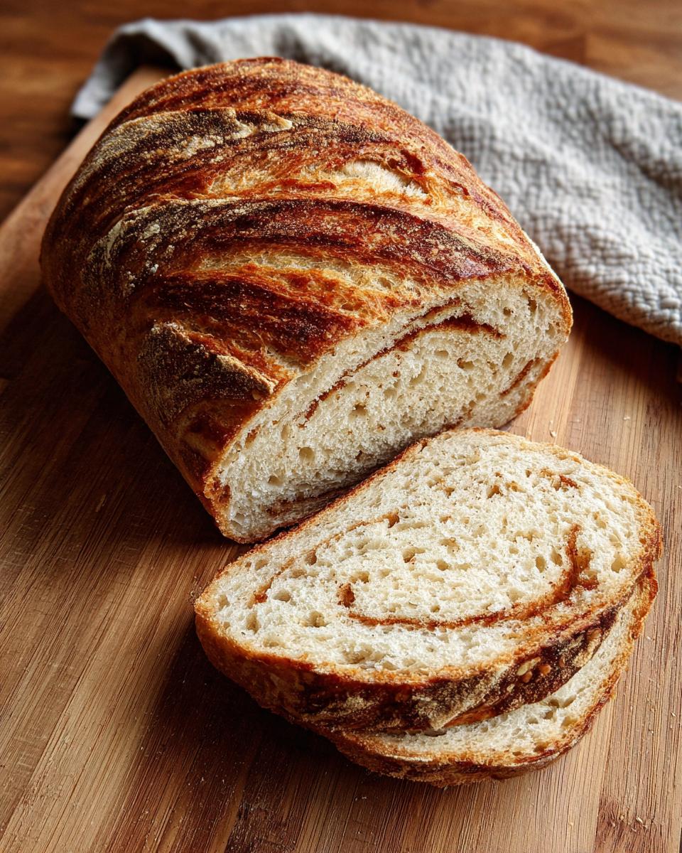 A sliced loaf of Amish Cinnamon Bread on a wooden cutting board, showing the cinnamon swirl.