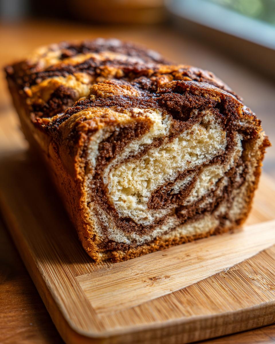 Close-up of a loaf of Amish Cinnamon Bread, showcasing the cinnamon swirl pattern on a wooden board.