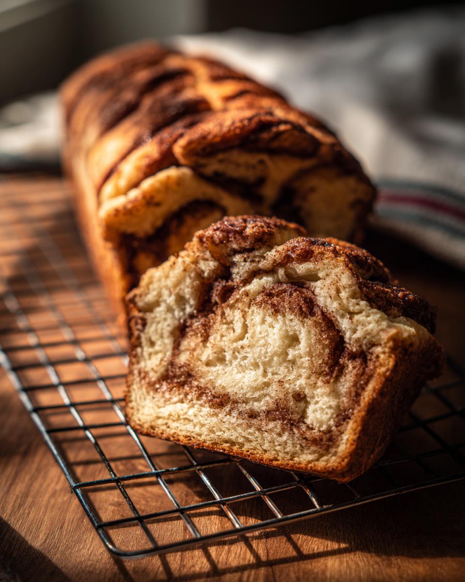 A loaf of Amish Cinnamon Bread with a slice cut, showcasing the cinnamon swirl, sitting on a wire rack.