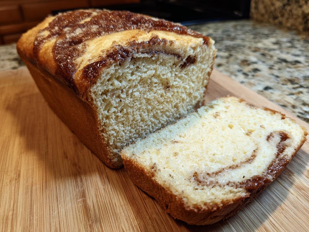 A loaf of freshly baked Amish Cinnamon Bread with a slice cut, showcasing the cinnamon swirl.