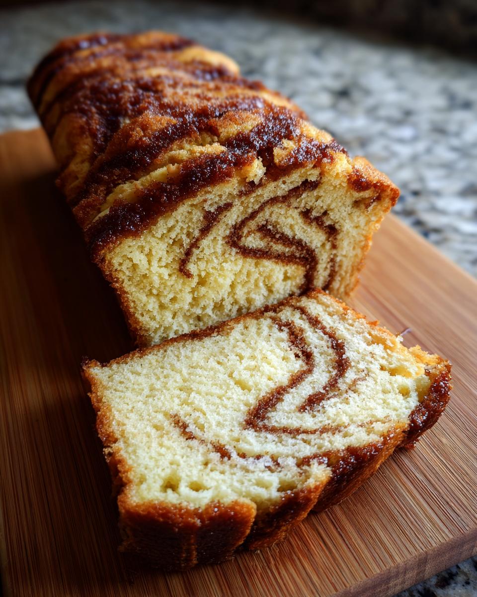Close-up of sliced Amish Cinnamon Bread on a wooden board, showcasing the cinnamon swirl pattern.