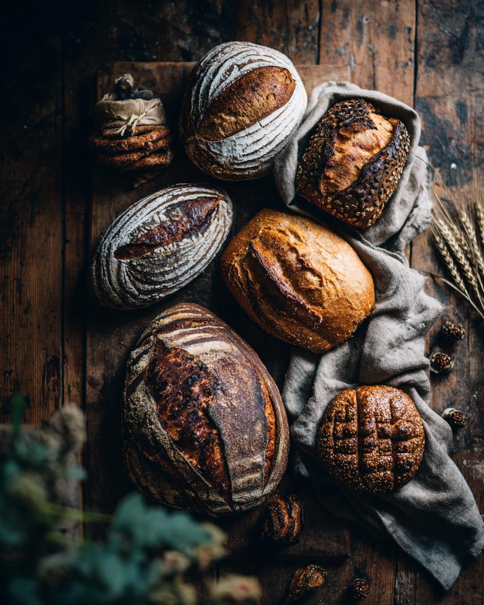 Overhead shot of various artisan breads on a wooden surface, showcasing The ULTIMATE Guide to baking techniques.