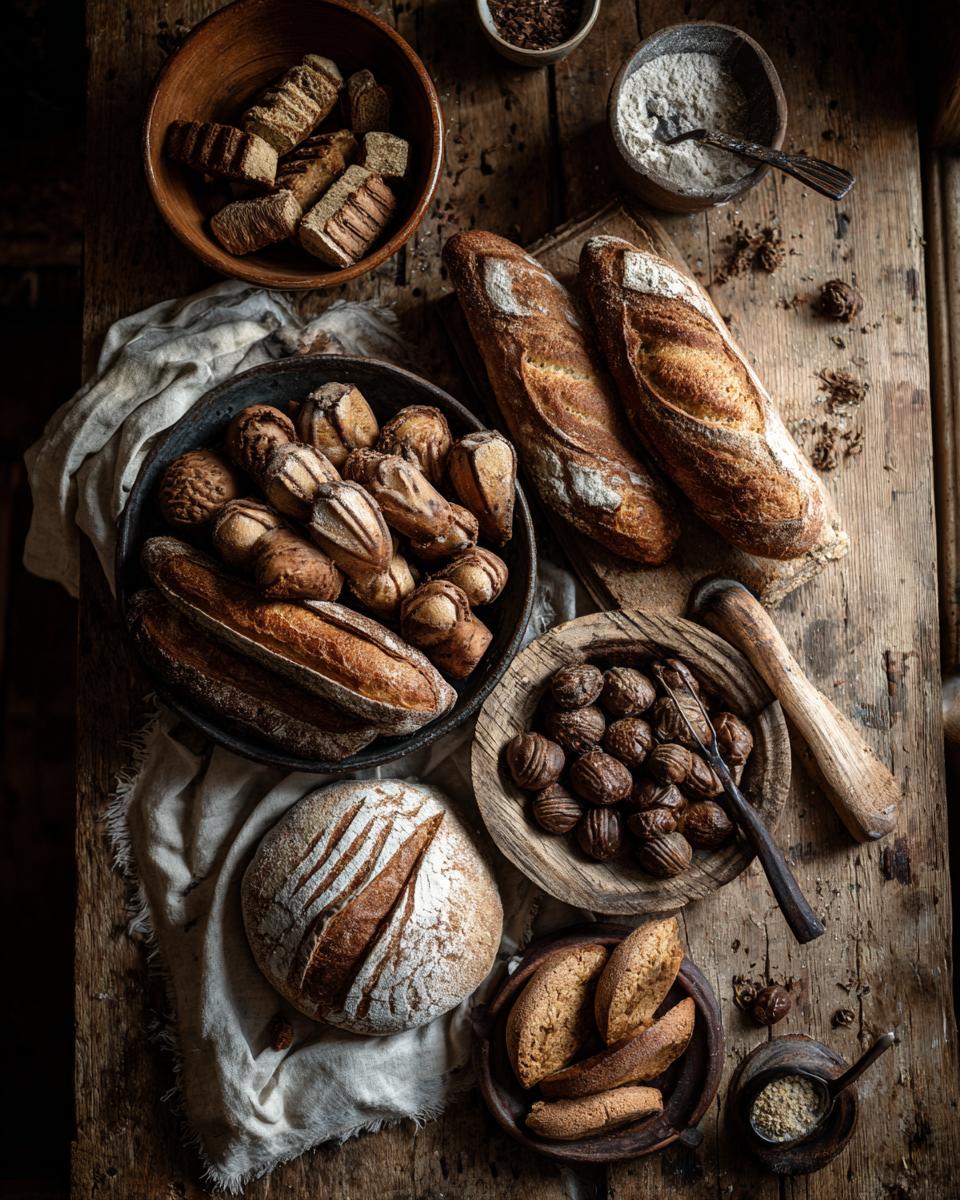 Overhead shot of various artisan breads in wooden bowls and on a rustic wooden table, showcasing The ULTIMATE Guide.