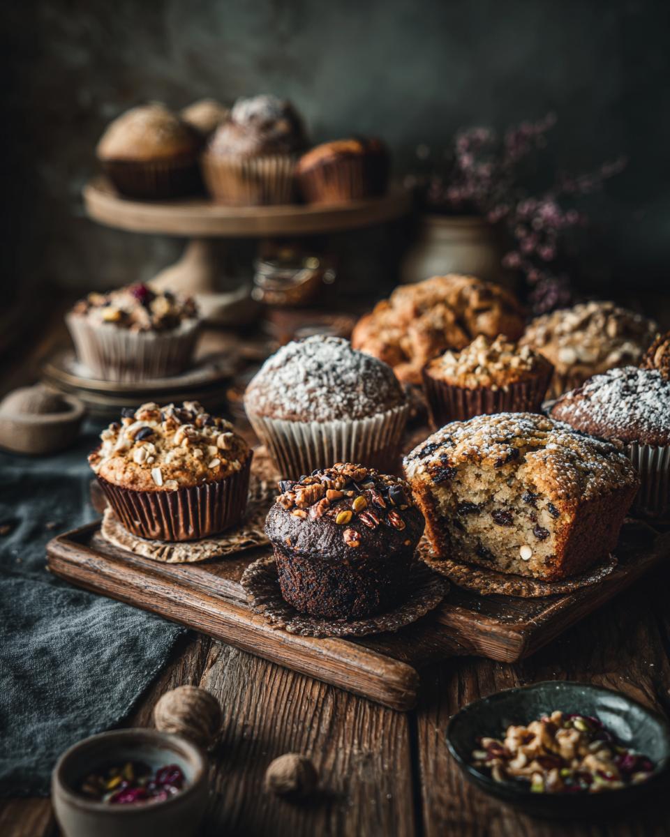 A rustic display of assorted muffins, some topped with nuts, chocolate chips, and powdered sugar. The ULTIMATE Guide.