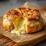 Golden 25-Minute Elegant Baked Brie in Puff Pastry with melted cheese oozing out on a wooden board.