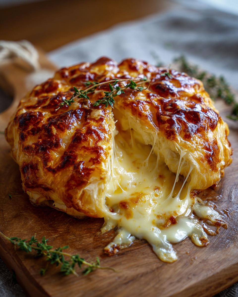 Golden 25-Minute Elegant Baked Brie in Puff Pastry with melted cheese oozing out, garnished with thyme.
