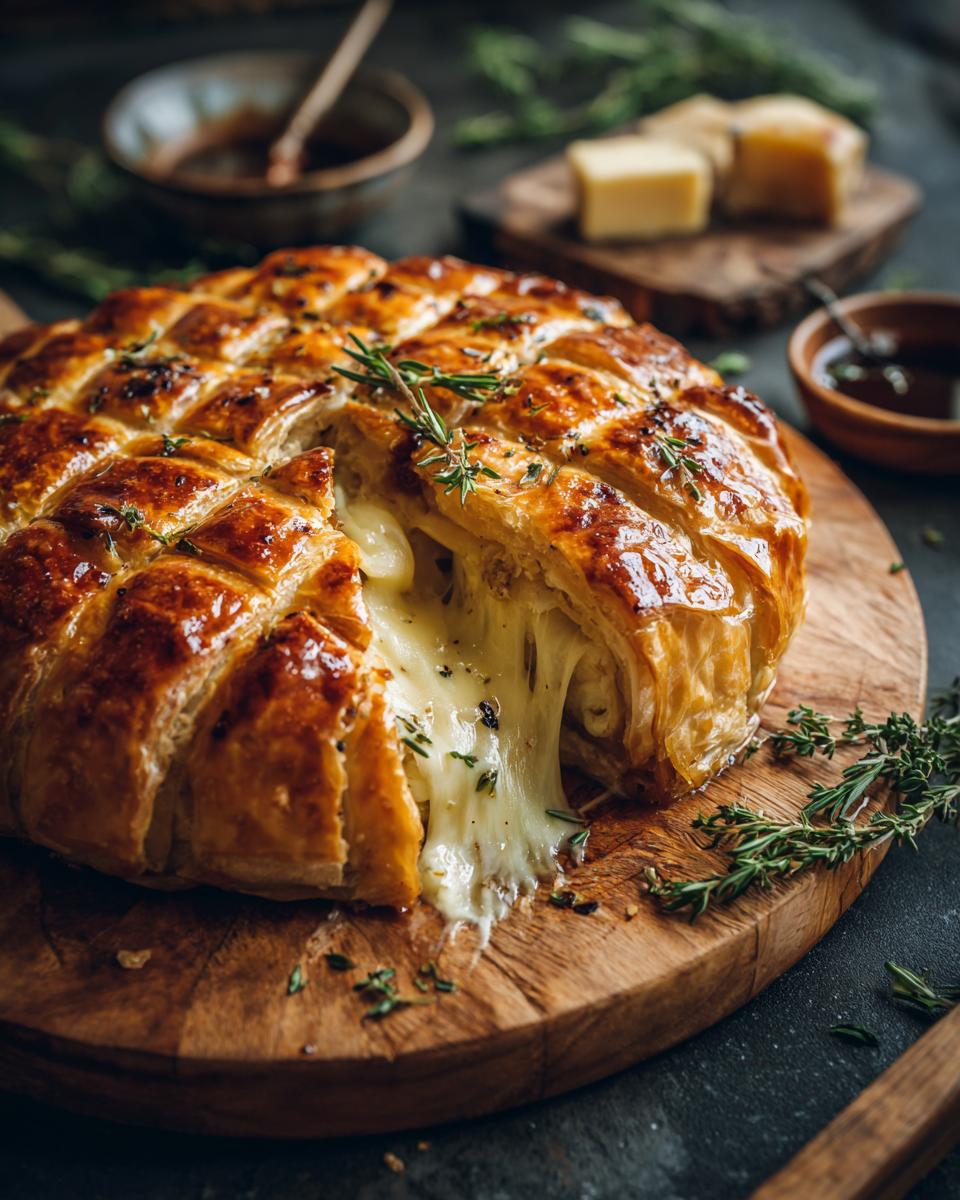 Golden 25-Minute Elegant Baked Brie in Puff Pastry with melted cheese oozing out, garnished with herbs.