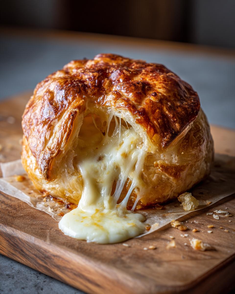 Golden baked brie in puff pastry with melted cheese oozing out, a 25-Minute Elegant appetizer.