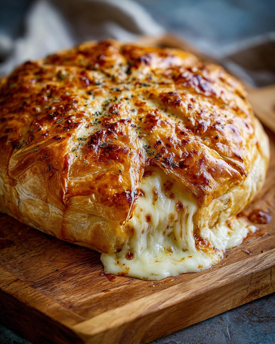 25-Minute Elegant Baked Brie in Puff Pastry on a wooden board with melted cheese oozing out.